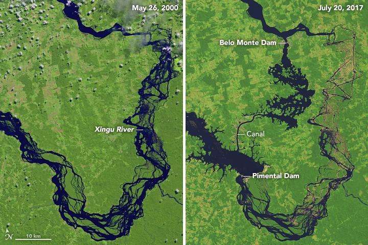 Rio Xingu antes e depois da construção do complexo hidrelétrico Belo Monte